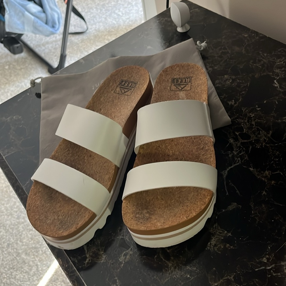 White Slide Sandals with Cork Sole